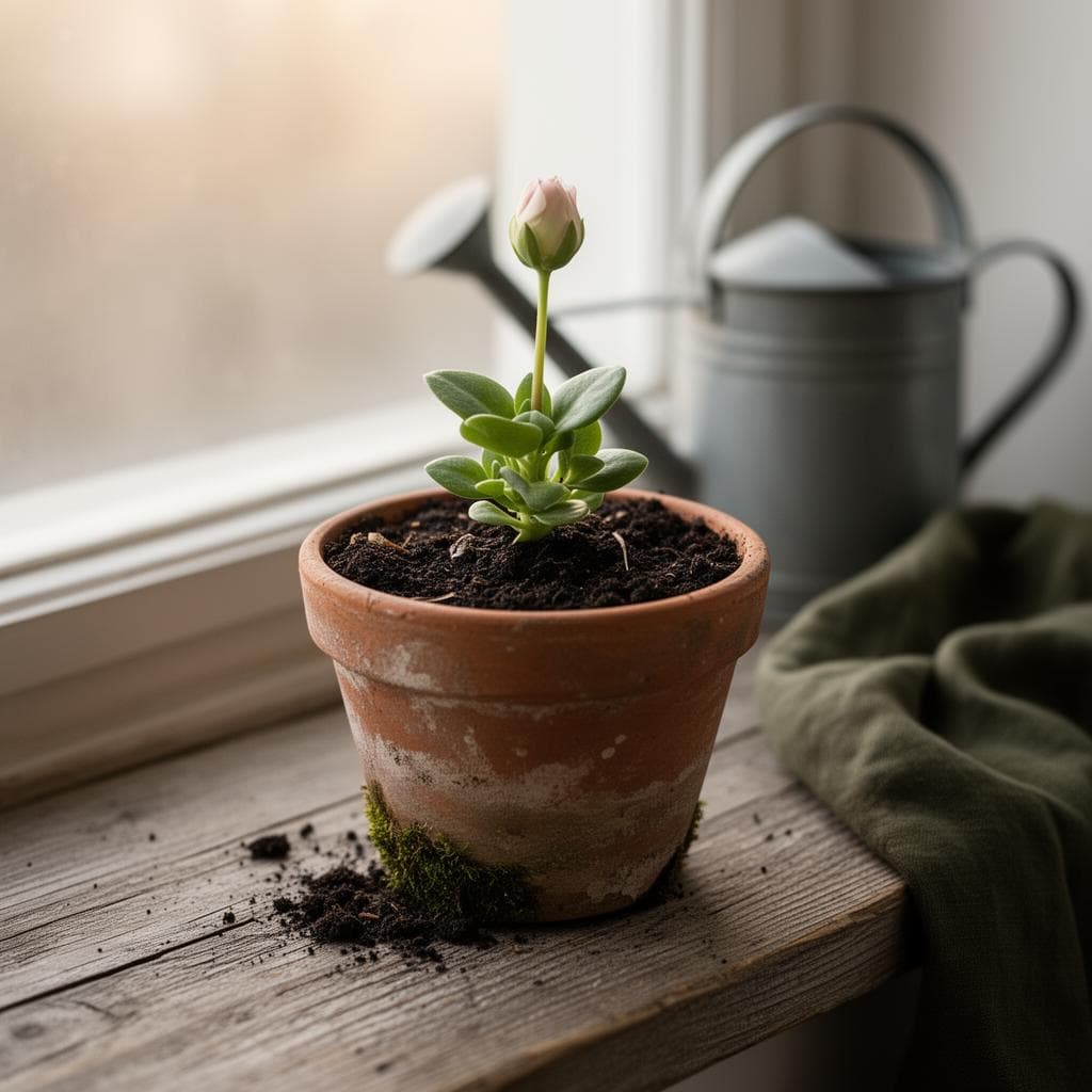 Young green seedling sprouting from a terracotta pot on a weathered windowsill with morning light