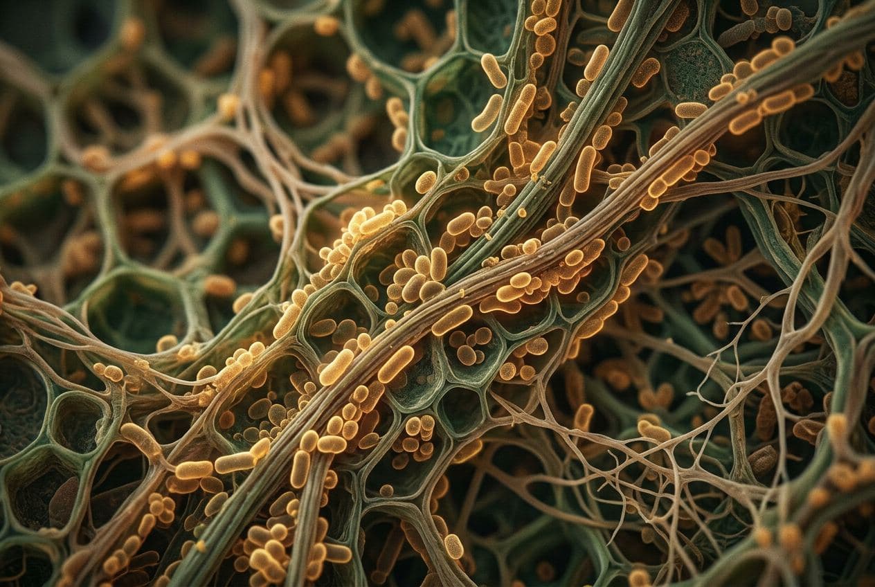 Colorful abundance of diverse plant foods including leafy greens, sprouted grains, seeds, legumes, and fruits on a rustic wooden table