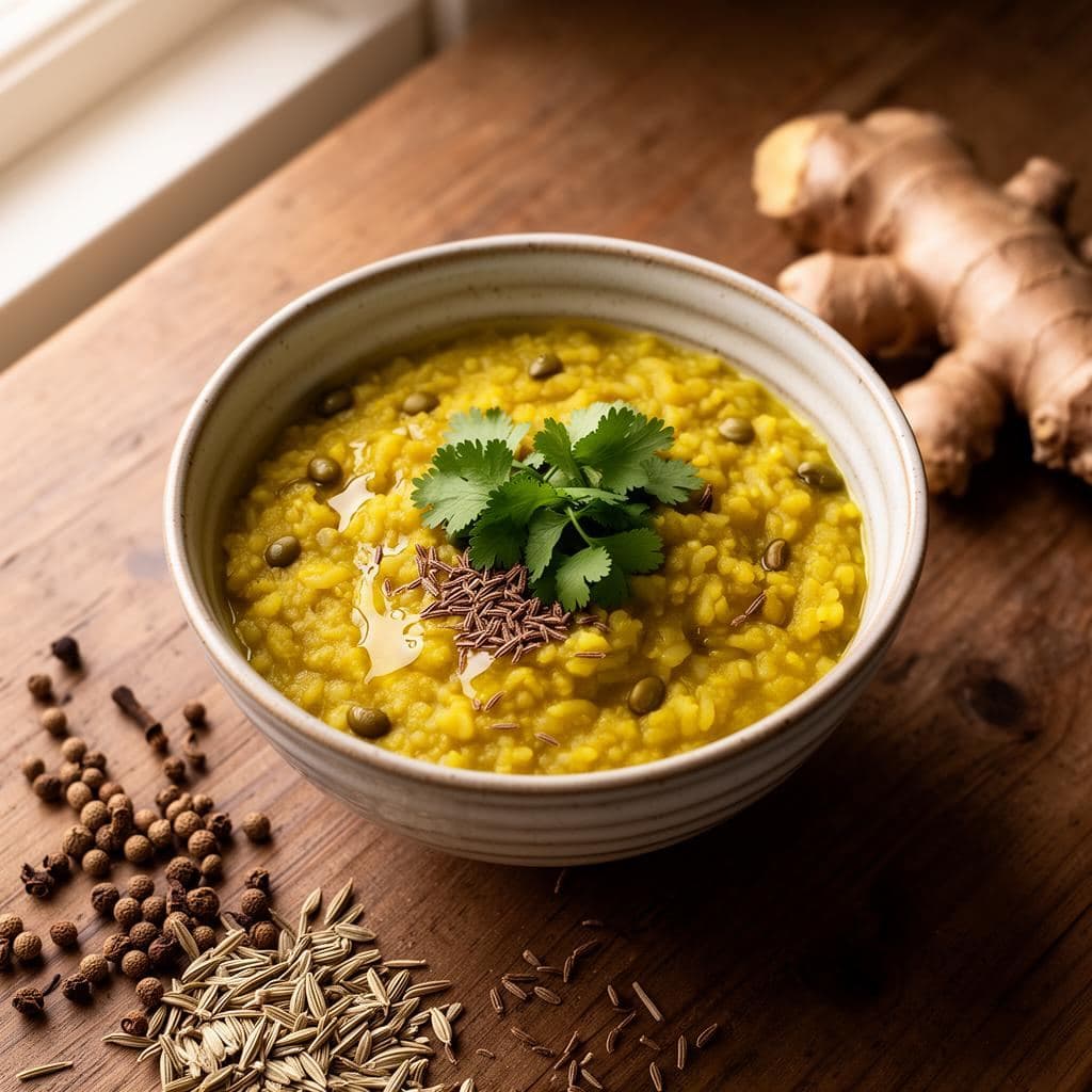Golden turmeric kitchari in a ceramic bowl with fresh cilantro and warming spices