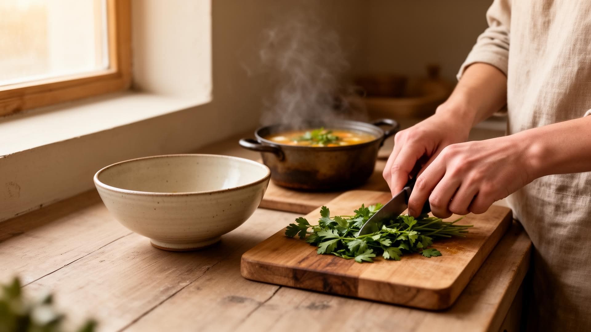Hands chopping fresh herbs in a minimalist rustic kitchen