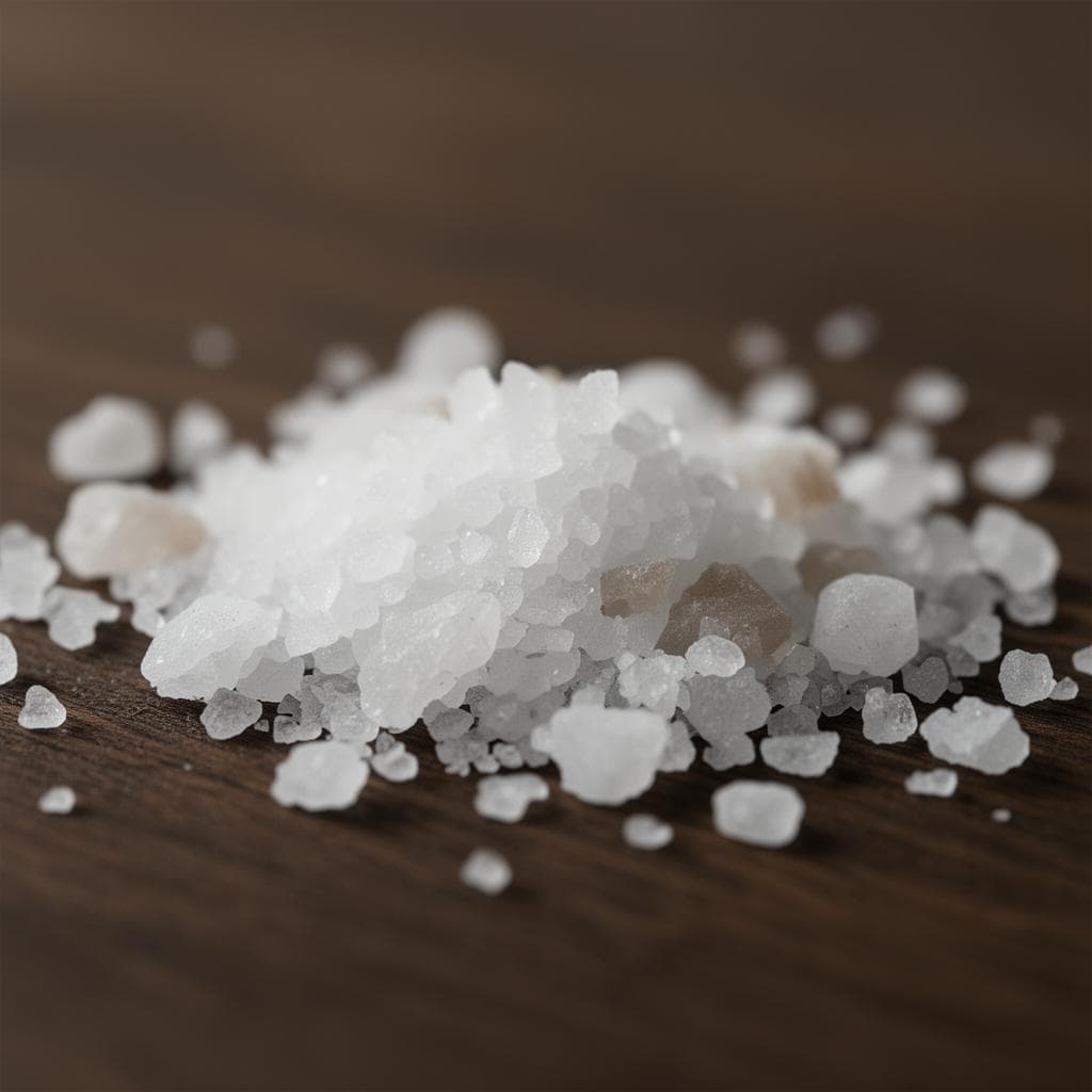 Macro close-up of natural coarse sea salt crystals on dark wood surface