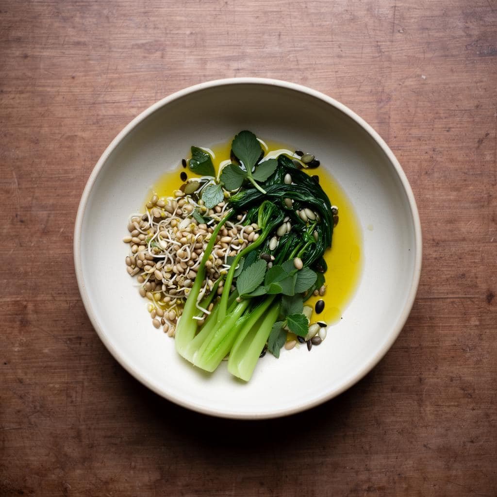 Simple bowl of steamed vegetables with sprouted grains and fresh herbs