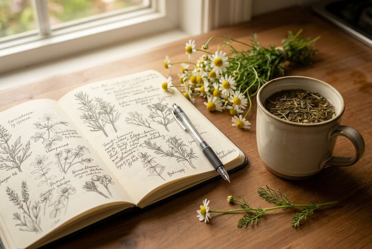 Minimalist herbal tea and journal scene for stress reflection
