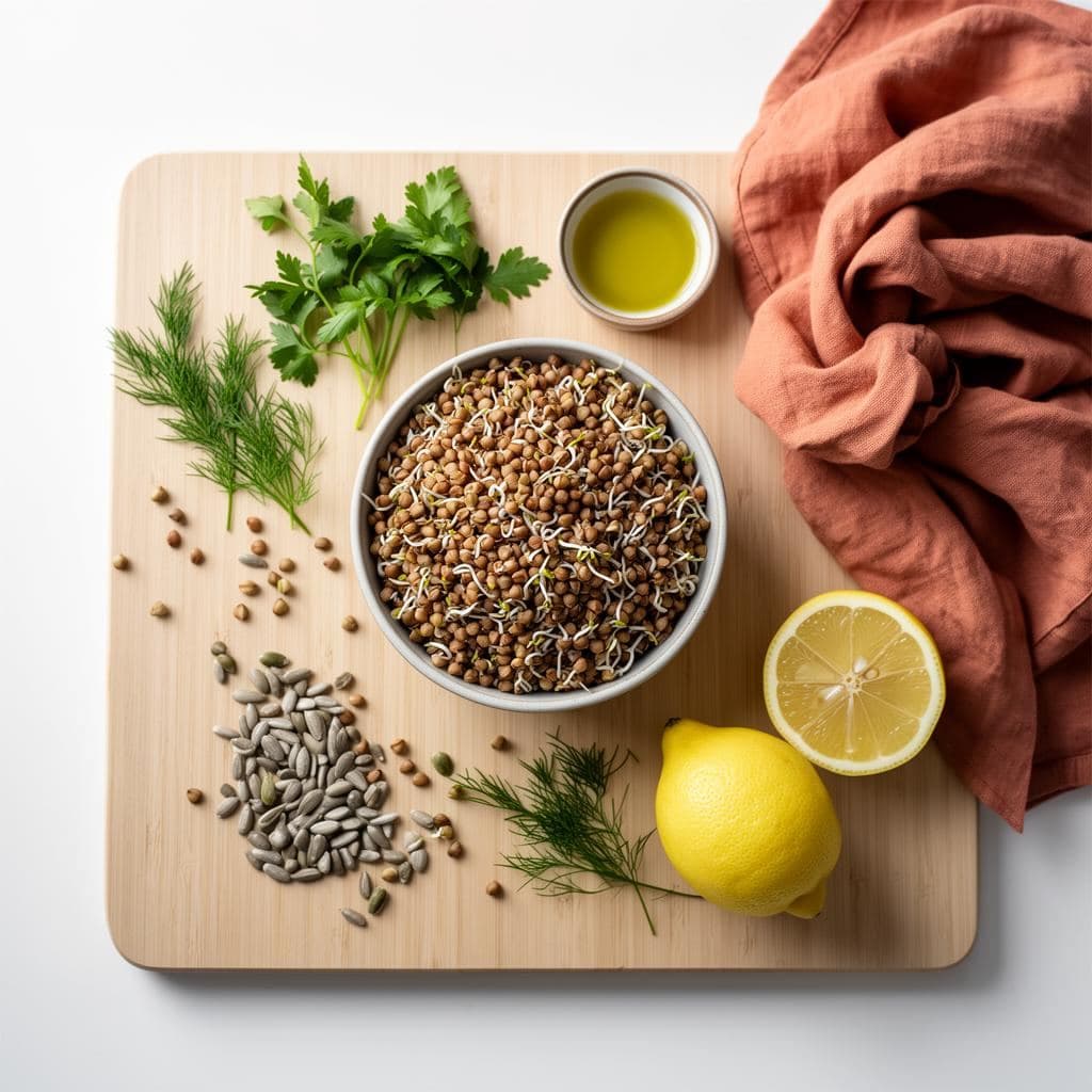 Sprouted buckwheat bowl with seeds, fresh herbs, lemon and olive oil on a wooden board with terracotta linen