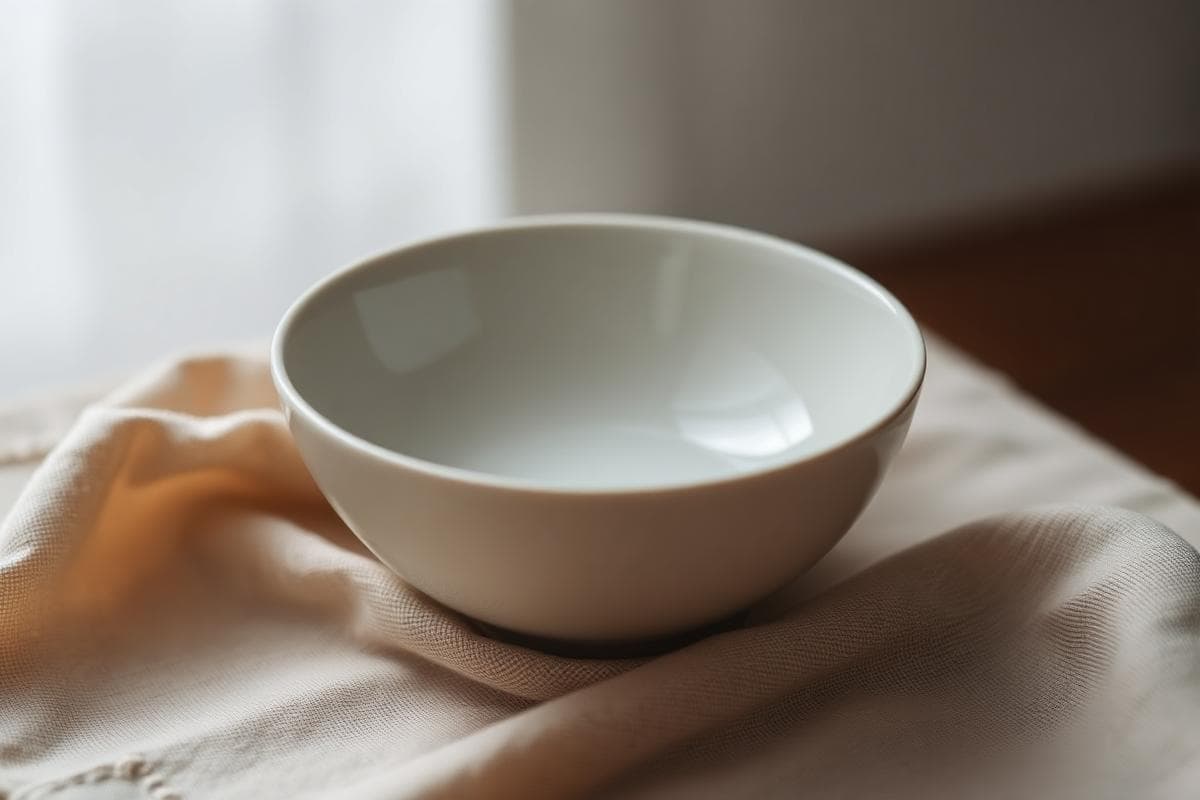 Empty ceramic bowl on linen cloth