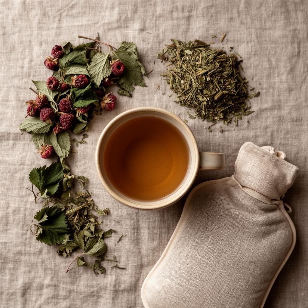 Herbal tea with raspberry leaves and a linen-wrapped hot water bottle on natural cloth