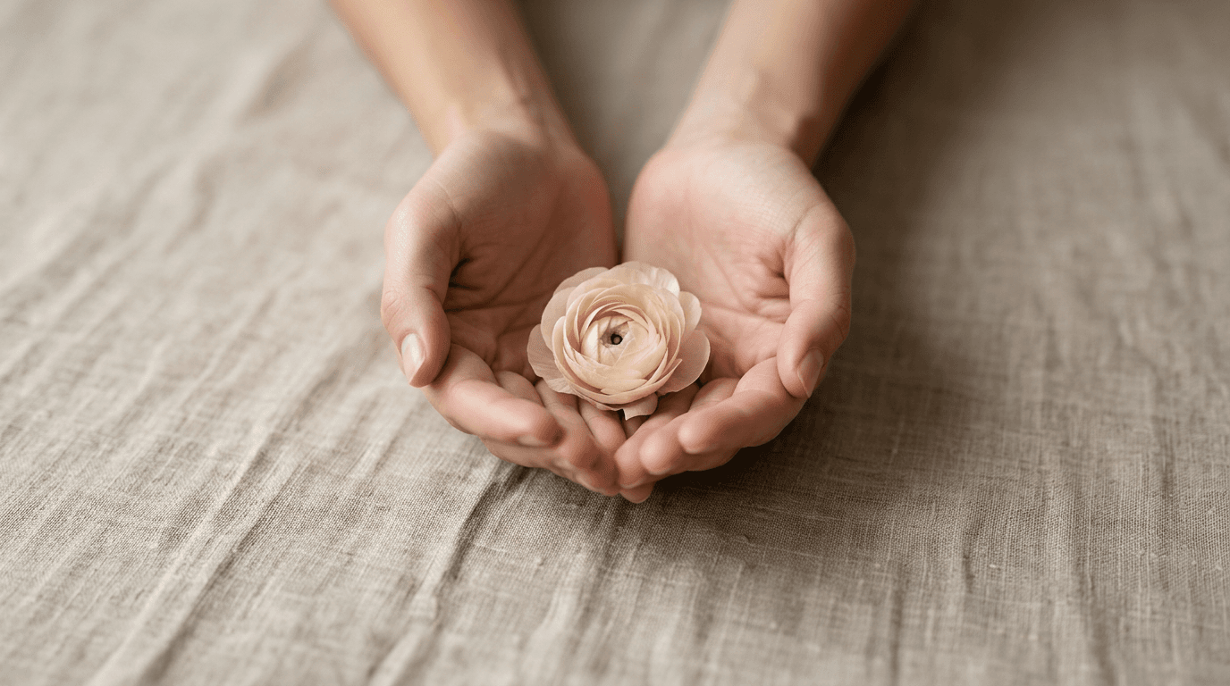Hands gently holding a smooth river stone on linen cloth