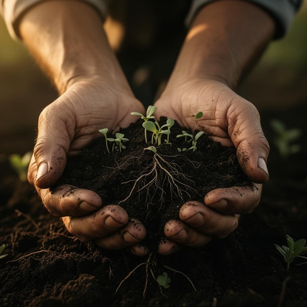 Farmer's hands holding rich soil with emerging seedlings and roots in golden hour light