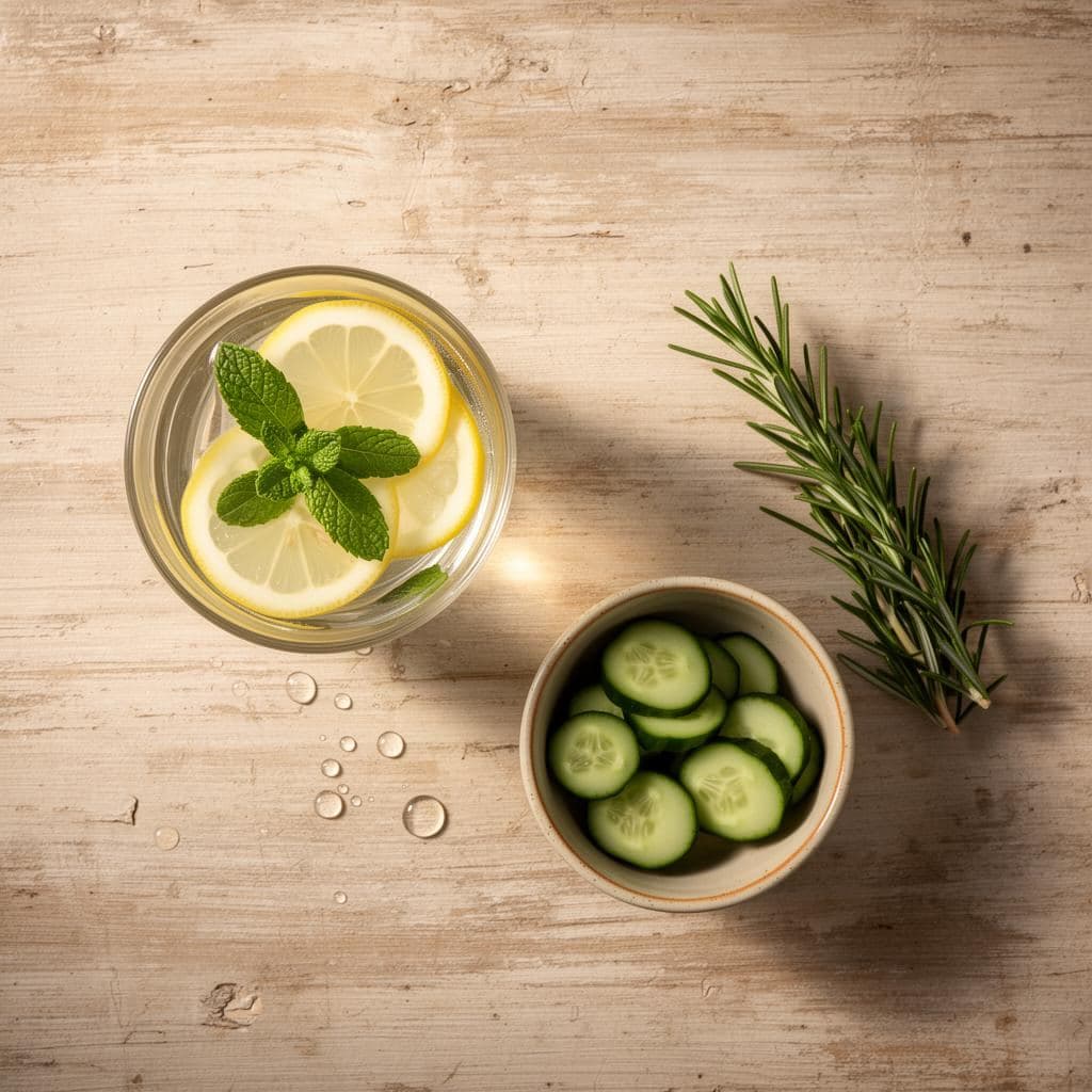 A glass of water with lemon slices and mint on a weathered wooden table with sliced cucumbers and rosemary