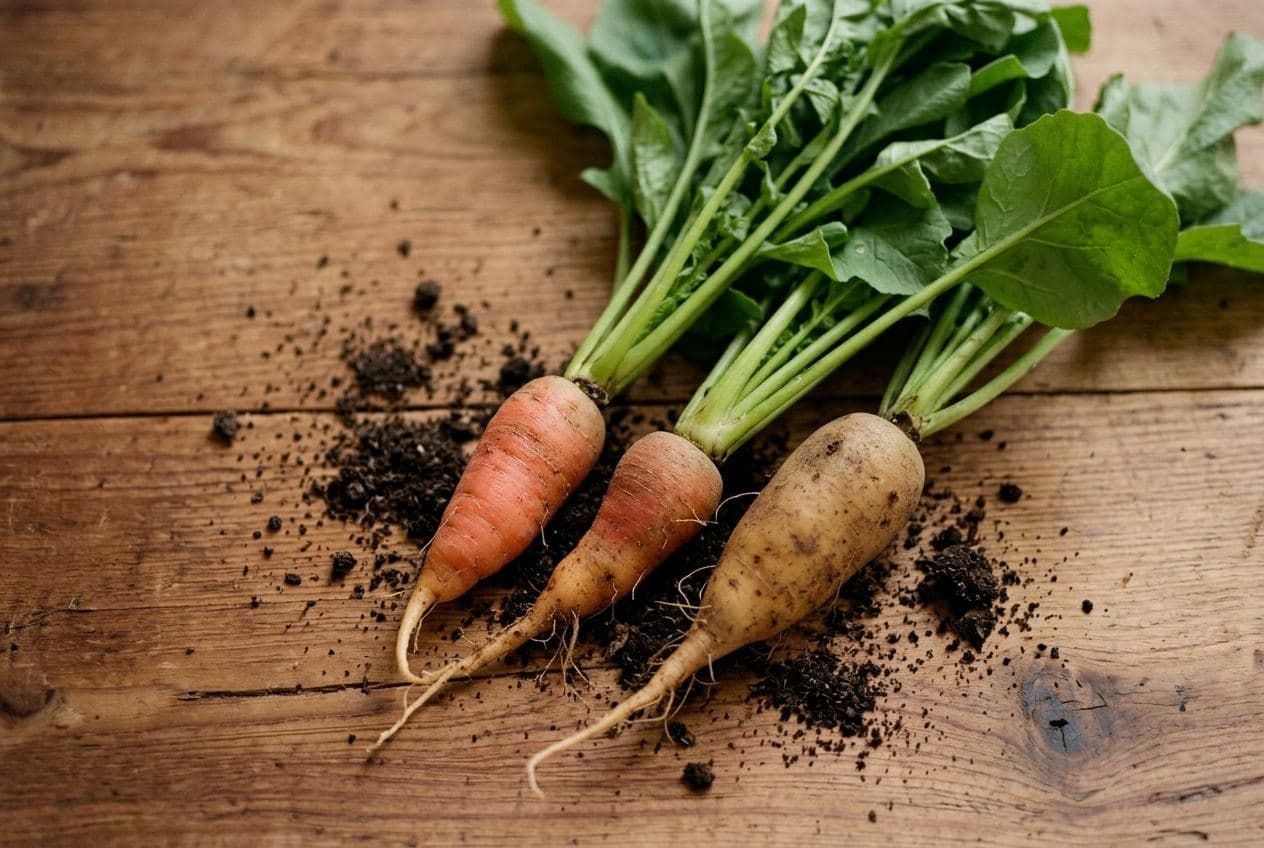 Hands placing fresh root vegetables on a ceramic plate