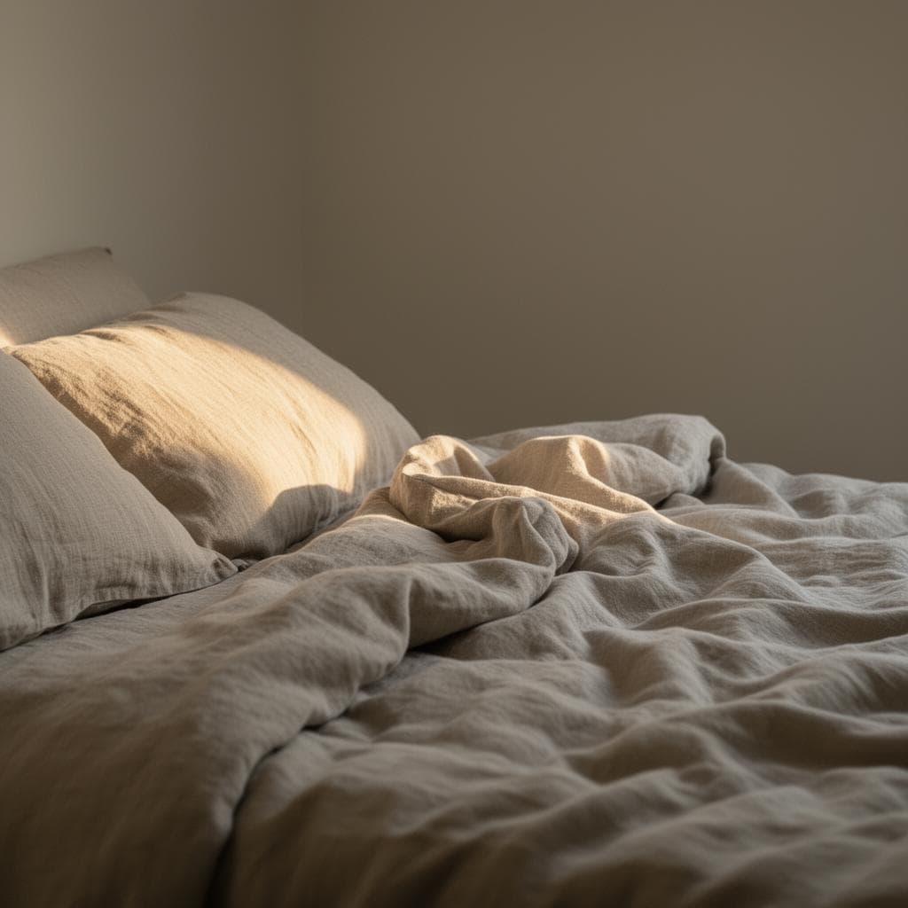 Unmade linen bed with soft morning light, gentle folds in natural fabric