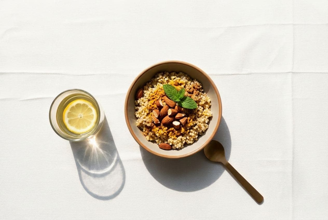 Morning breakfast bowl with fresh fruit and lemon water in soft sunlight
