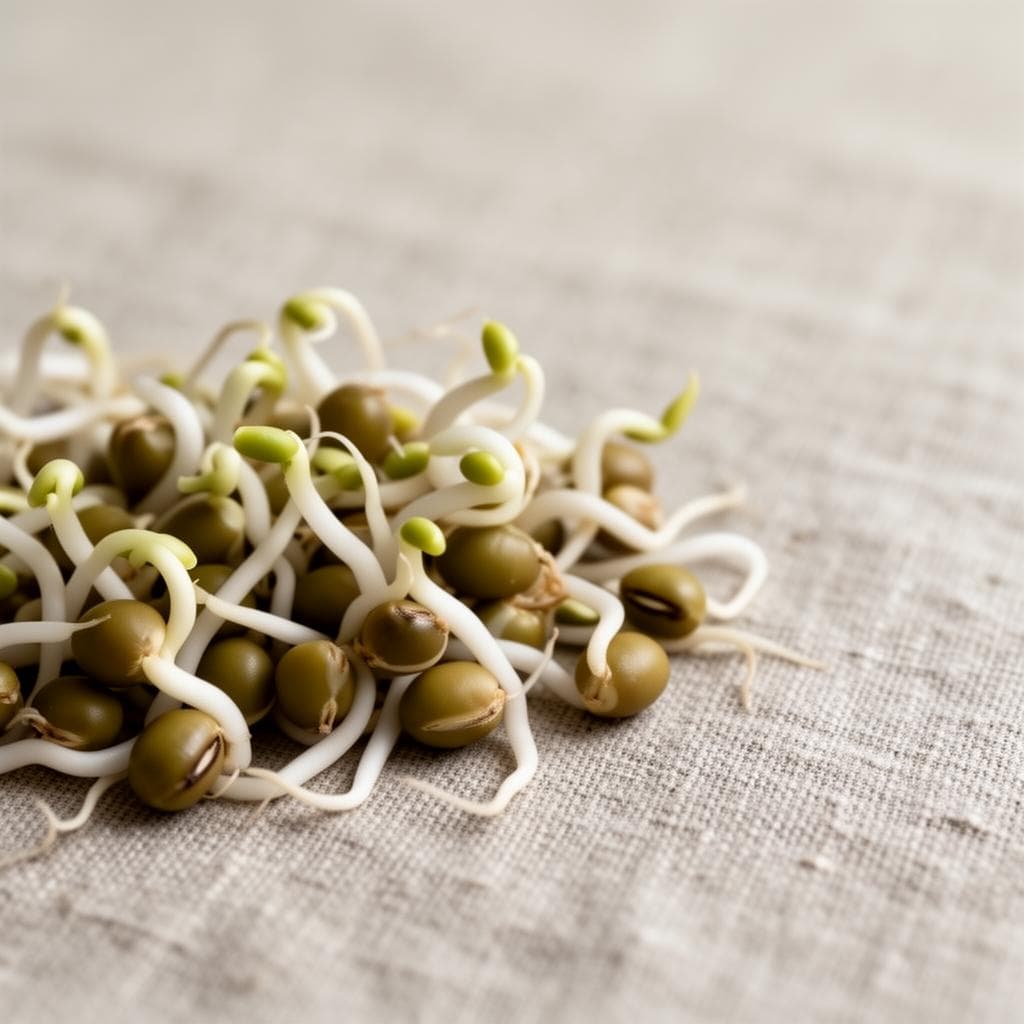 Macro photograph of mung bean sprouts emerging on a linen surface