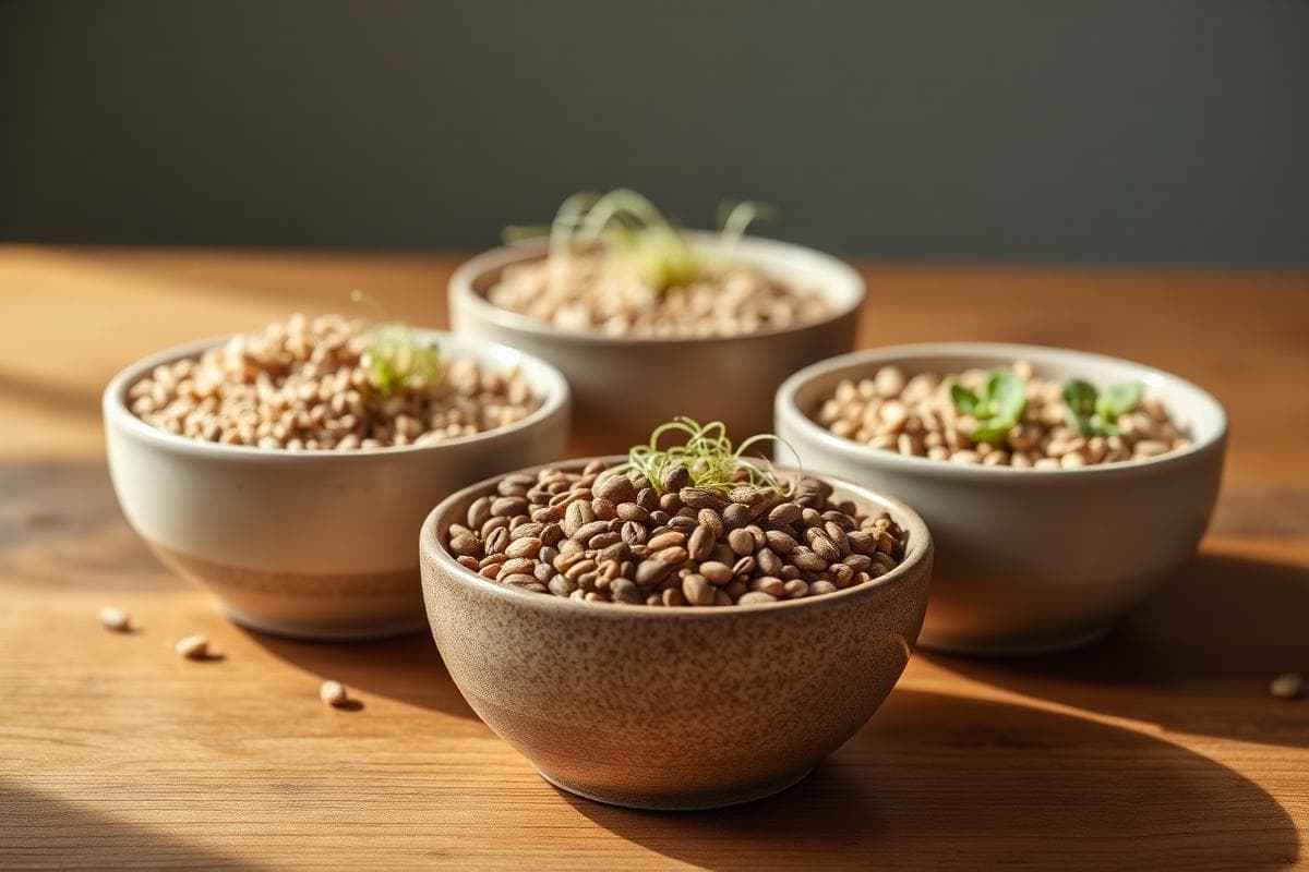 Sprouted grains in ceramic bowls
