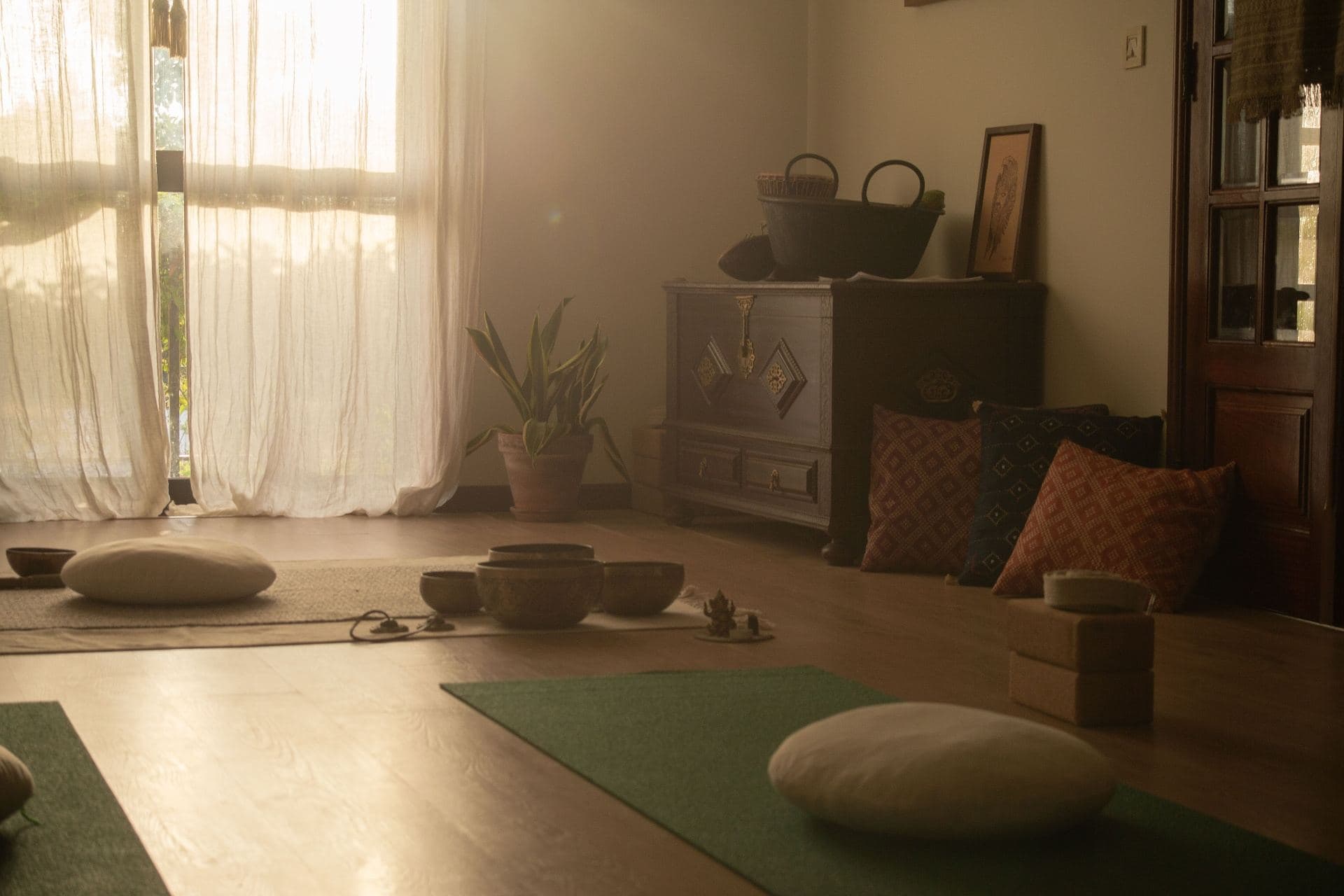 Calm yoga room with cushions
